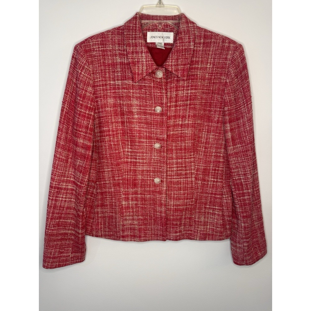 Jones New York Jacket Women 14 Red Silk Tweed Boucle Button Front Blazer